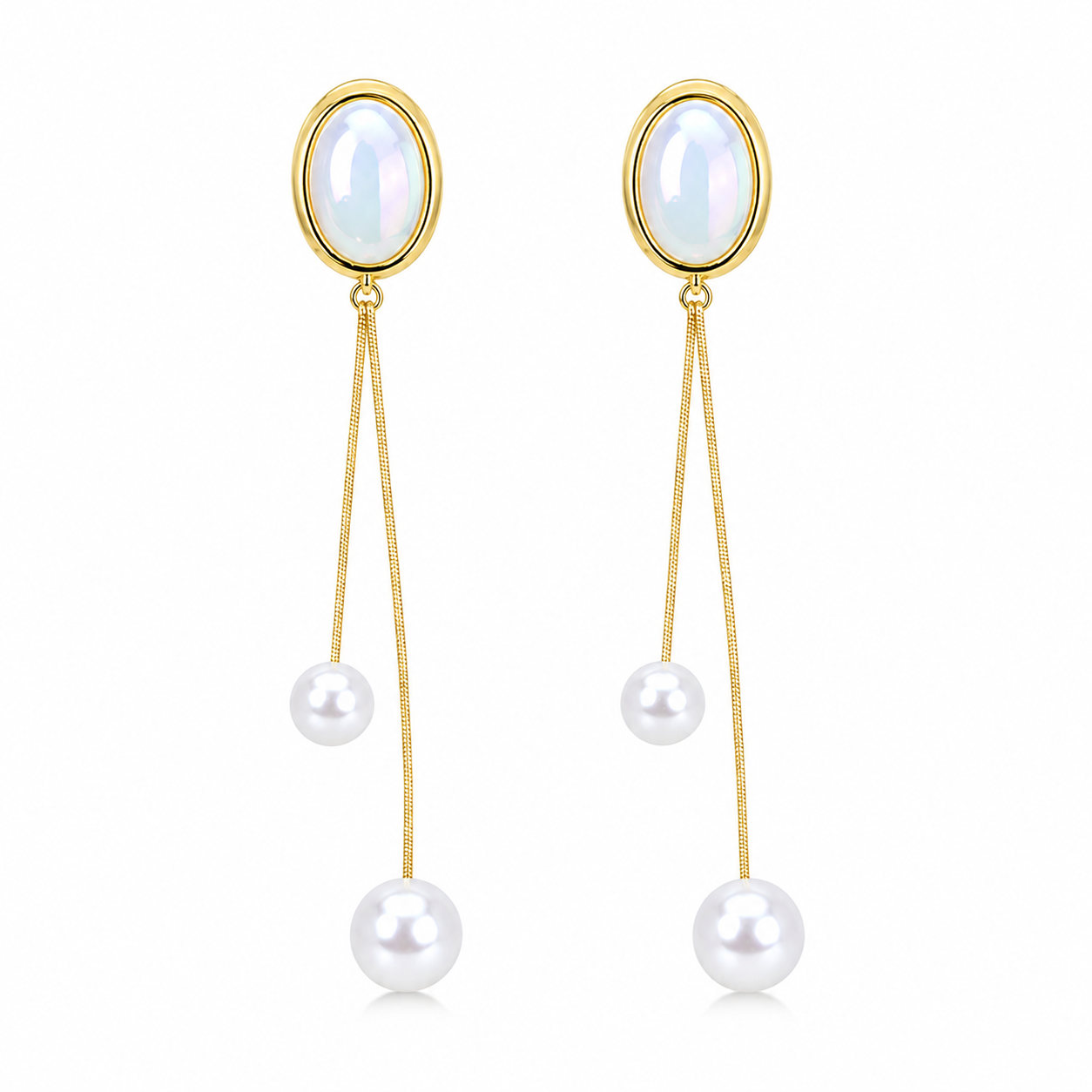 Oval Double Chain Mother of Pearl Drop Earrings for Women & Girls