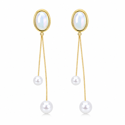 Oval Double Chain Mother of Pearl Drop Earrings for Women & Girls