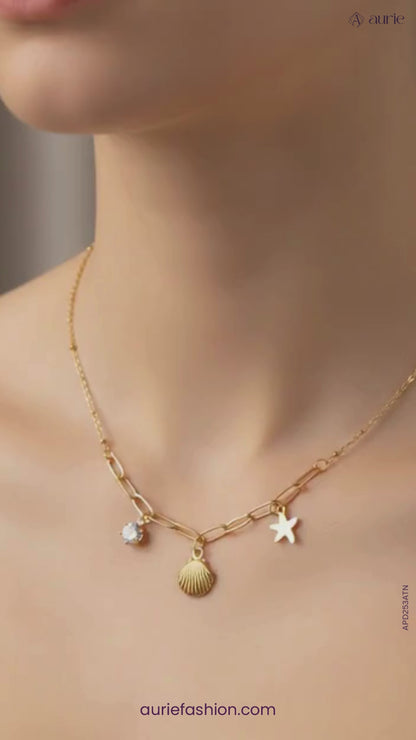 Gold Plated Layered Seashell & Starfish Charm Pendant For Girls & Women