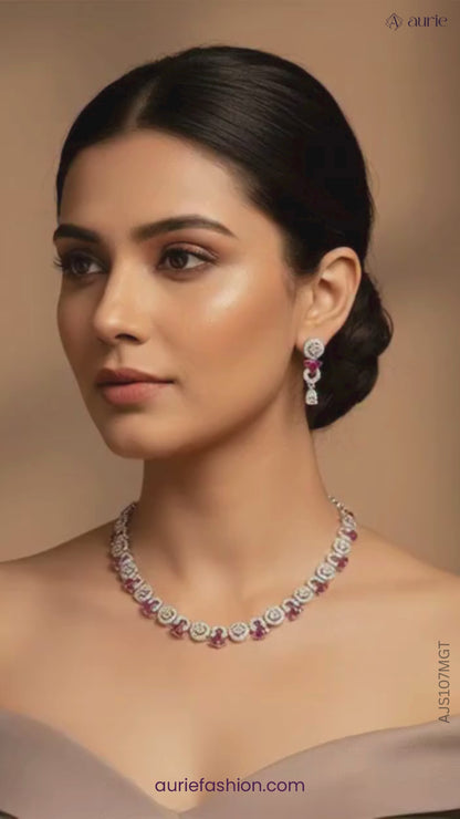 Megenta Pink American Diamond Necklace With Earrings