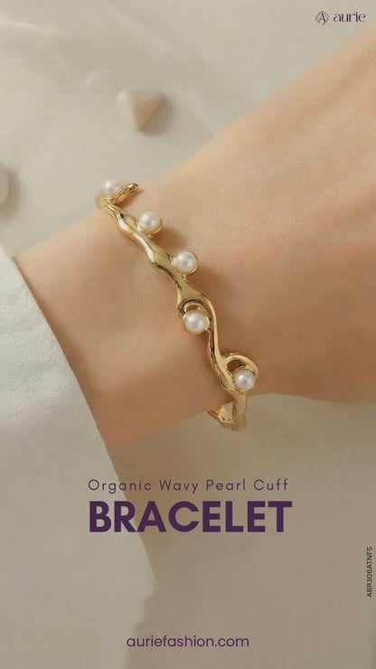 Gold Finish Organic Wavy Pearl Cuff Bracelet For Girls & Women