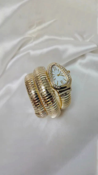 Luxury Gold Finish Triple Coil Snake Watch For Girls & Women