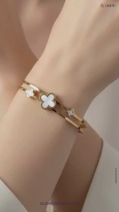 Elegant Gold Plated Clover Bracelet with White Enamel Accents For Girls & Women