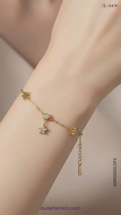 Gold Finish Daisy Charm Bracelet with Sparkling AD Stones For Girls & Women
