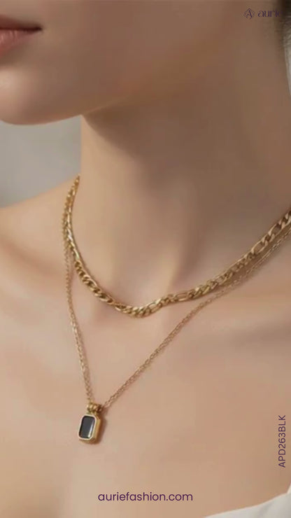 Minimalist Dual-Chain Necklace with Black Stone Pendant For Girls & Women