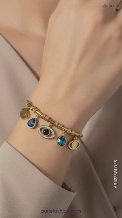Gold Plated Evil Eye & Blue Teardrop Charm Snake Chain Bracelet