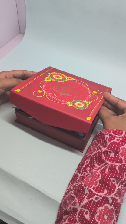 Premium Rakhi Combo with Om Pendant Necklace, Gold Finish Kada Bracelet & Designer Rakhi Gift Box