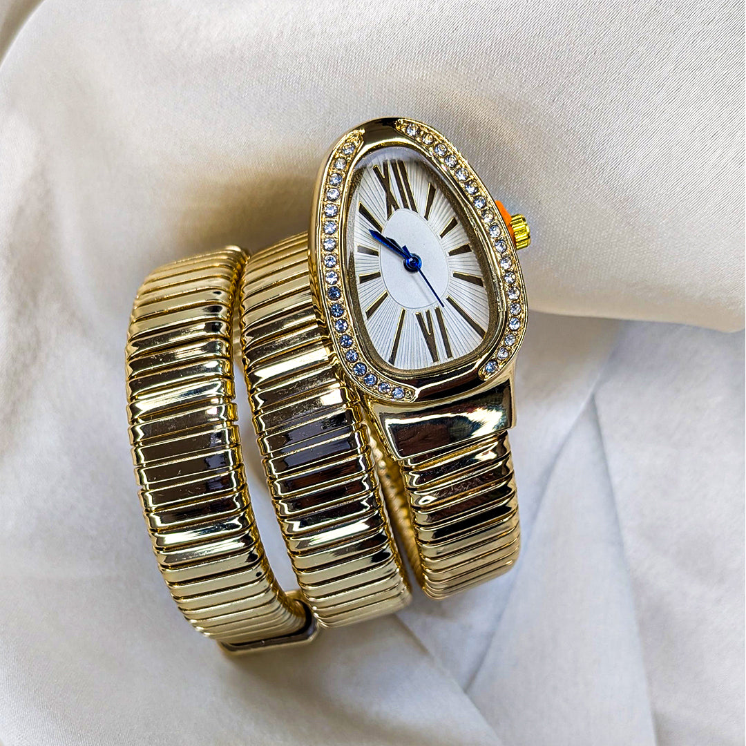 Stylish Multi Layer Snake Wrap Watch With Studded Oval Dial for Girls & Women
