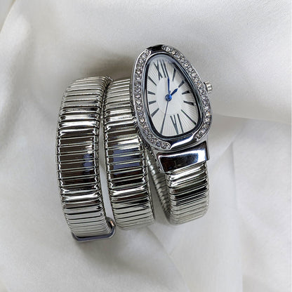 Stylish Multi Layer Snake Wrap Watch With Studded Oval Dial for Girls & Women