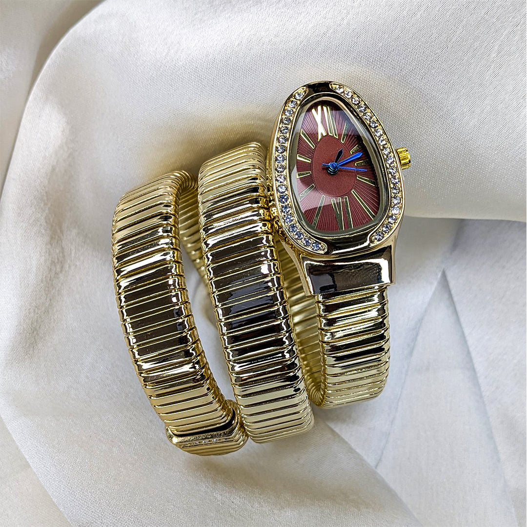 Stylish Multi Layer Snake Wrap Watch With Studded Oval Dial for Girls & Women