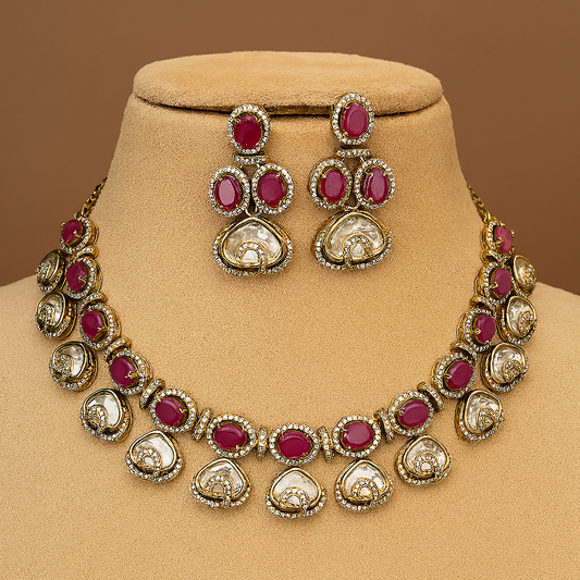 Antique Gold Plated Ruby & Polki Stone Necklace Set