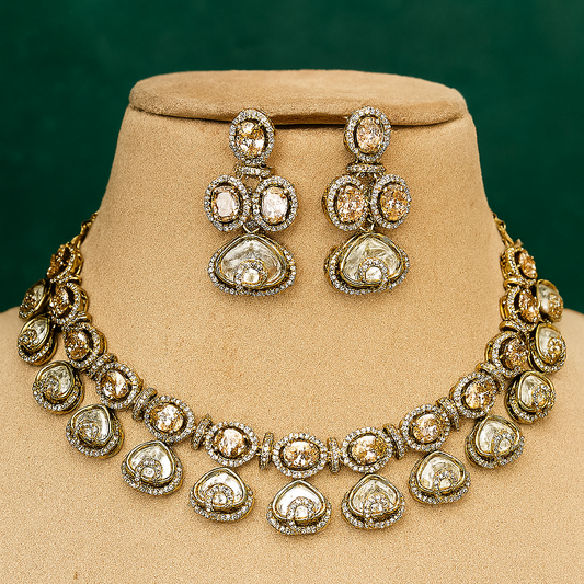 Antique Gold Polki Kundan Necklace Set with Earrings